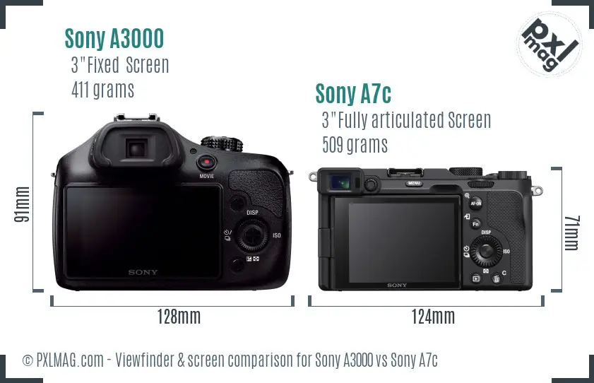 Sony A3000 vs Sony A7c Screen and Viewfinder comparison