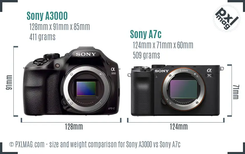 Sony A3000 vs Sony A7c size comparison