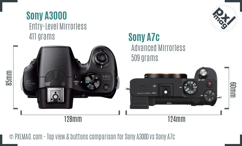 Sony A3000 vs Sony A7c top view buttons comparison