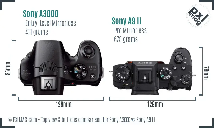 Sony A3000 vs Sony A9 II top view buttons comparison