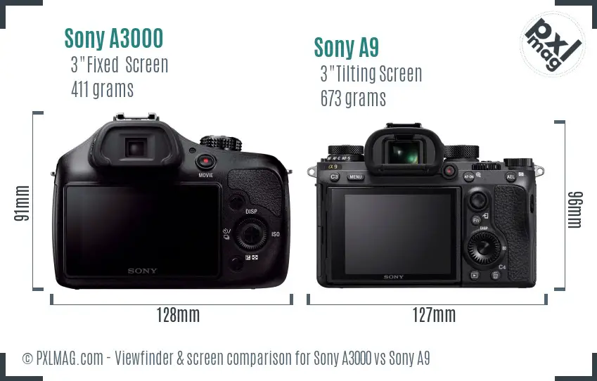 Sony A3000 vs Sony A9 Screen and Viewfinder comparison