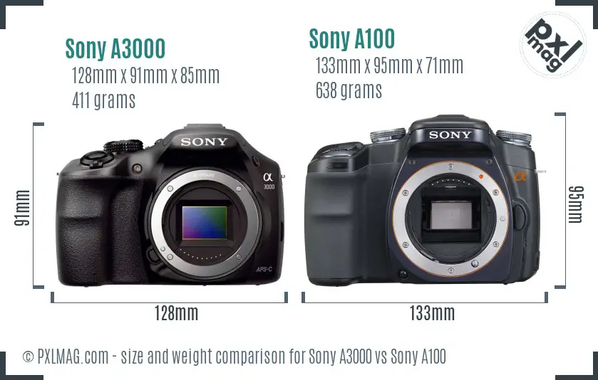 Sony A3000 vs Sony A100 size comparison
