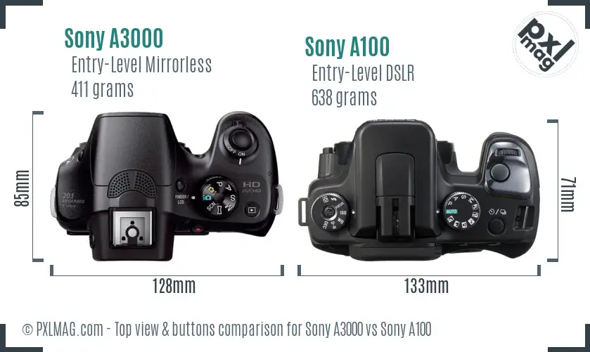 Sony A3000 vs Sony A100 top view buttons comparison