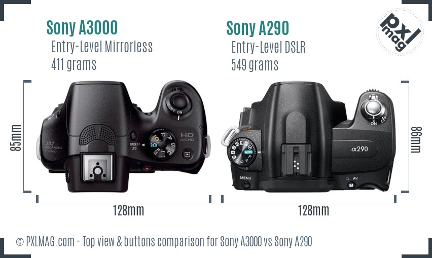 Sony A3000 vs Sony A290 top view buttons comparison