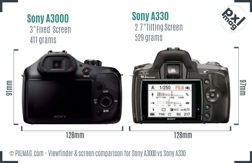 Sony A3000 vs Sony A330 Screen and Viewfinder comparison