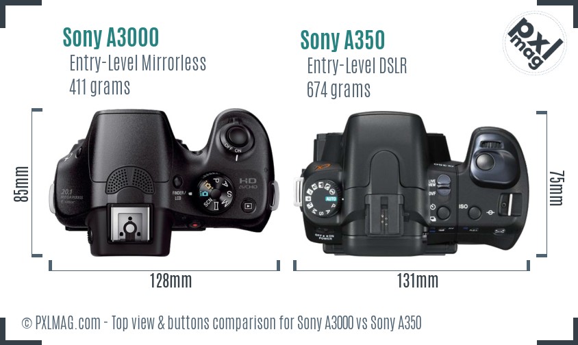 Sony A3000 vs Sony A350 top view buttons comparison