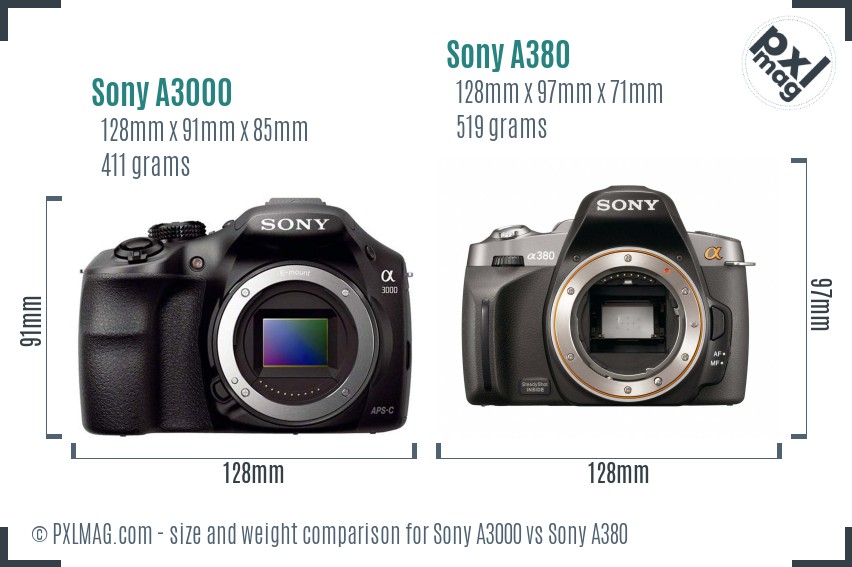 Sony A3000 vs Sony A380 size comparison