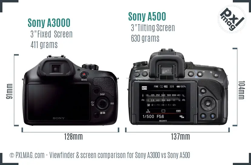 Sony A3000 vs Sony A500 Screen and Viewfinder comparison