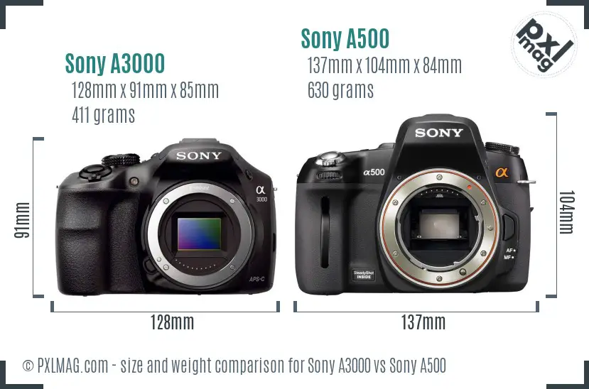 Sony A3000 vs Sony A500 size comparison