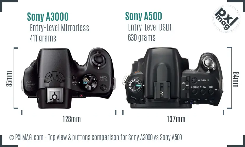 Sony A3000 vs Sony A500 top view buttons comparison