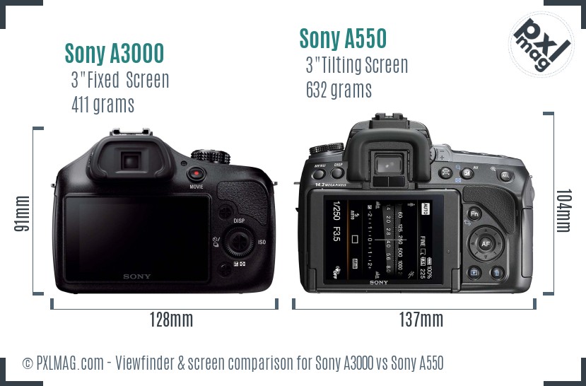 Sony A3000 vs Sony A550 Screen and Viewfinder comparison