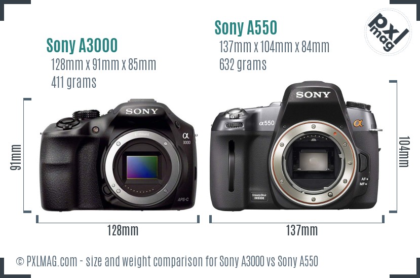 Sony A3000 vs Sony A550 size comparison