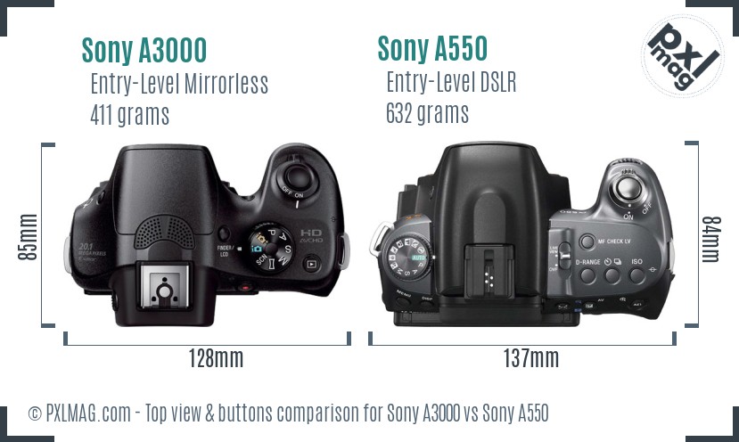 Sony A3000 vs Sony A550 top view buttons comparison