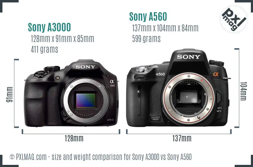 Sony A3000 vs Sony A560 size comparison