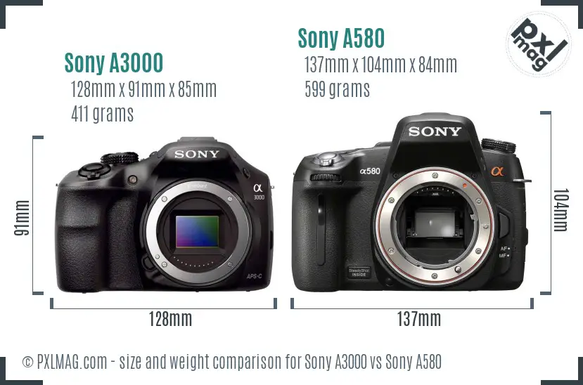 Sony A3000 vs Sony A580 size comparison