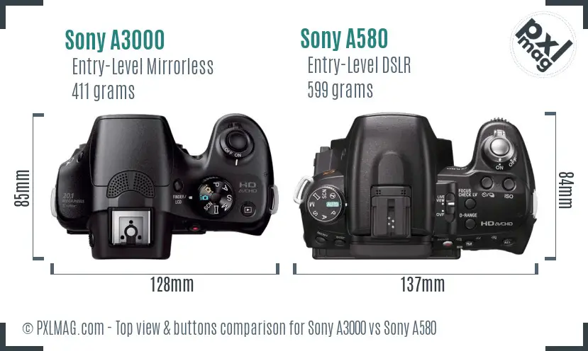 Sony A3000 vs Sony A580 top view buttons comparison