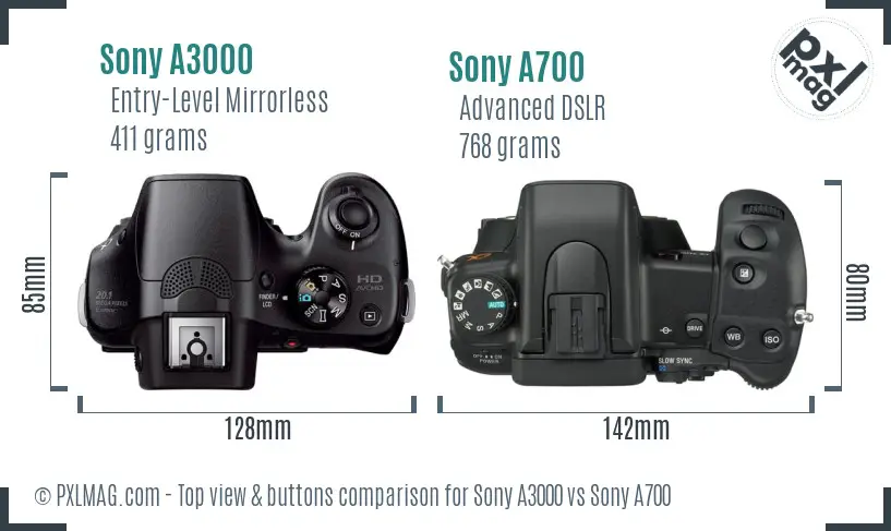 Sony A3000 vs Sony A700 top view buttons comparison