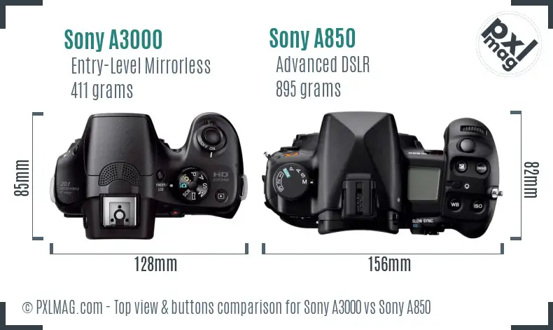 Sony A3000 vs Sony A850 top view buttons comparison Sony A3000 vs Sony A850 top view buttons comparison