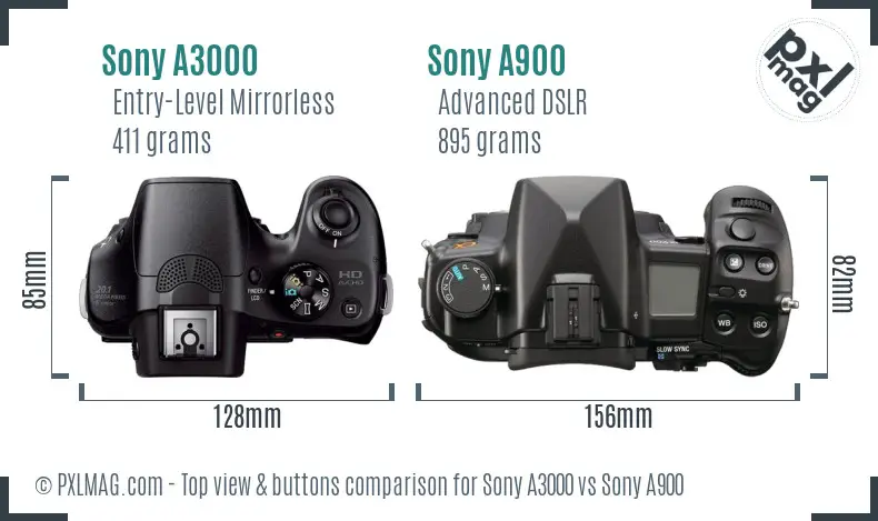 Sony A3000 vs Sony A900 top view buttons comparison