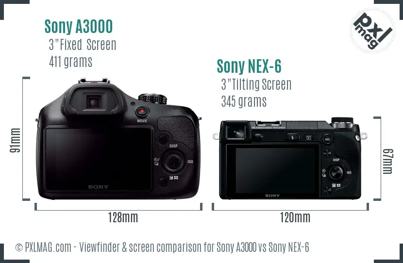 Sony A3000 vs Sony NEX-6 Screen and Viewfinder comparison
