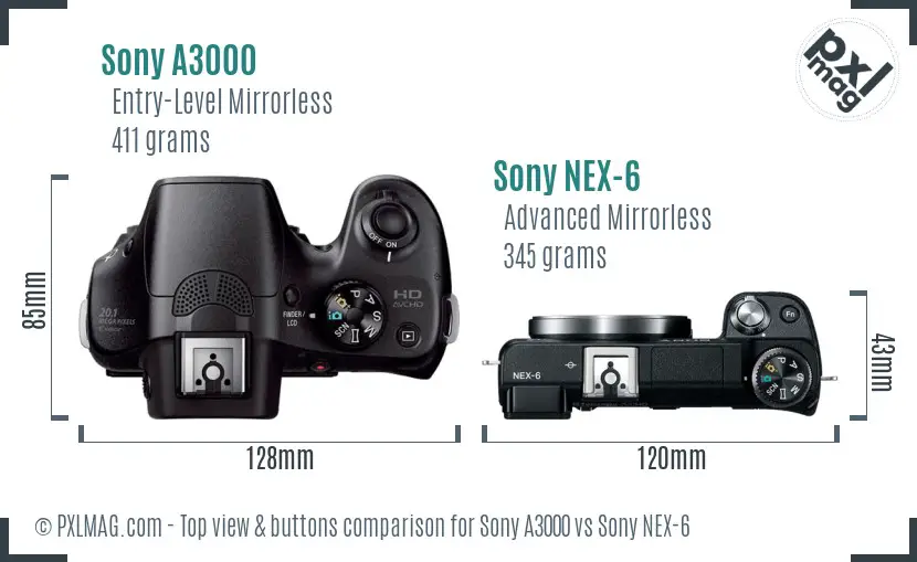 Sony A3000 vs Sony NEX-6 top view buttons comparison