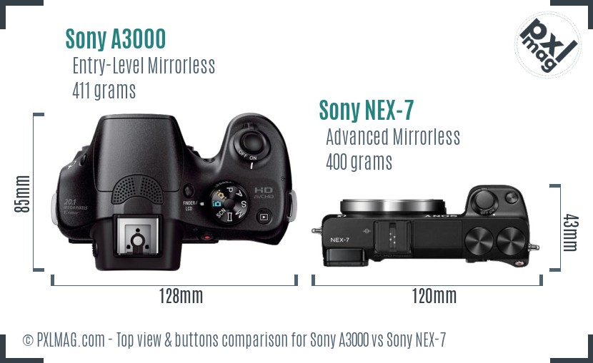 Sony A3000 vs Sony NEX-7 top view buttons comparison