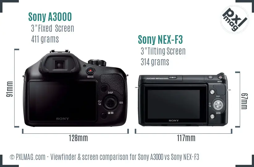 Sony A3000 vs Sony NEX-F3 Screen and Viewfinder comparison