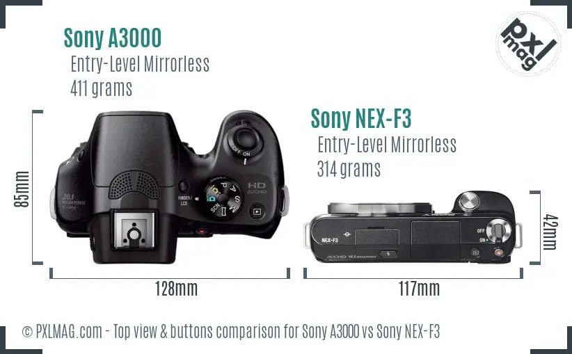 Sony A3000 vs Sony NEX-F3 top view buttons comparison