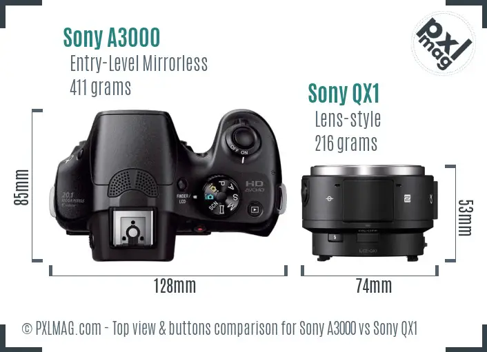 Sony A3000 vs Sony QX1 top view buttons comparison Sony A3000 vs Sony QX1 top view buttons comparison