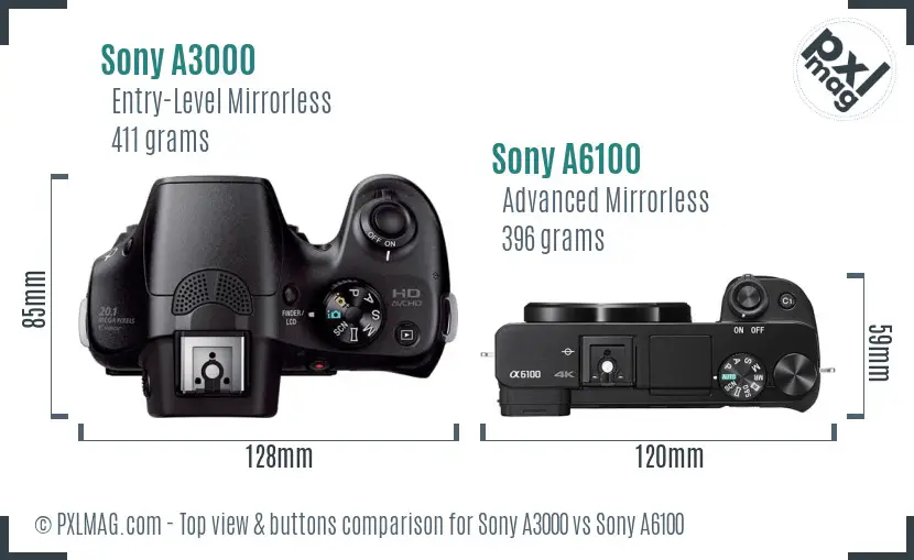 Sony A3000 vs Sony A6100 top view buttons comparison