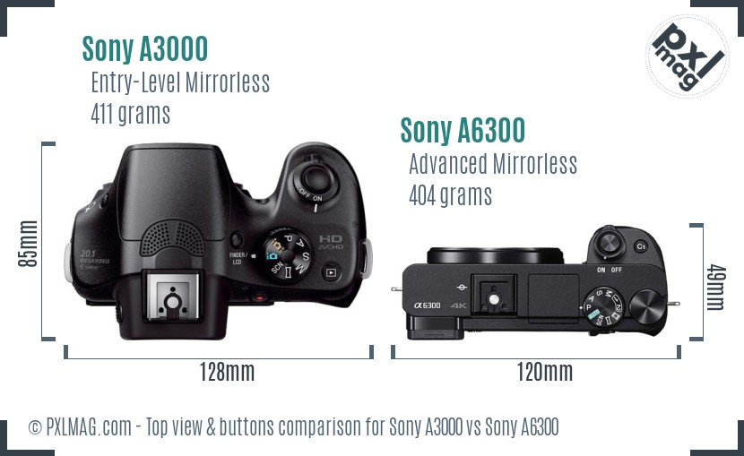 Sony A3000 vs Sony A6300 top view buttons comparison