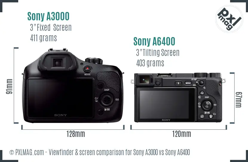 Sony A3000 vs Sony A6400 Screen and Viewfinder comparison