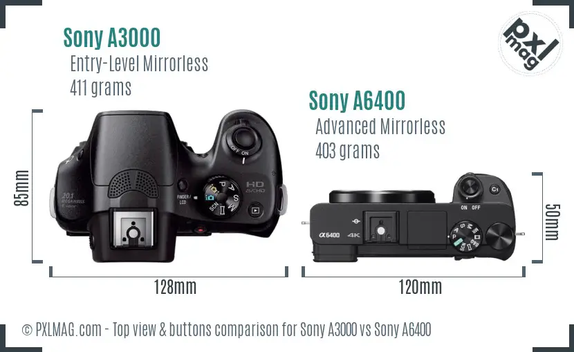 Sony A3000 vs Sony A6400 top view buttons comparison