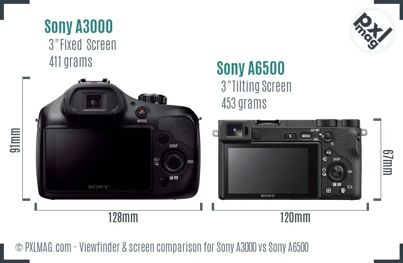 Sony A3000 vs Sony A6500 Screen and Viewfinder comparison