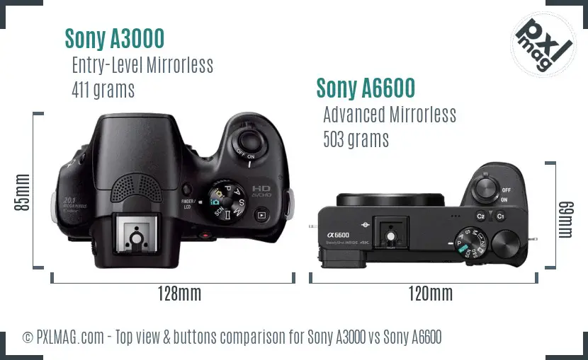 Sony A3000 vs Sony A6600 top view buttons comparison