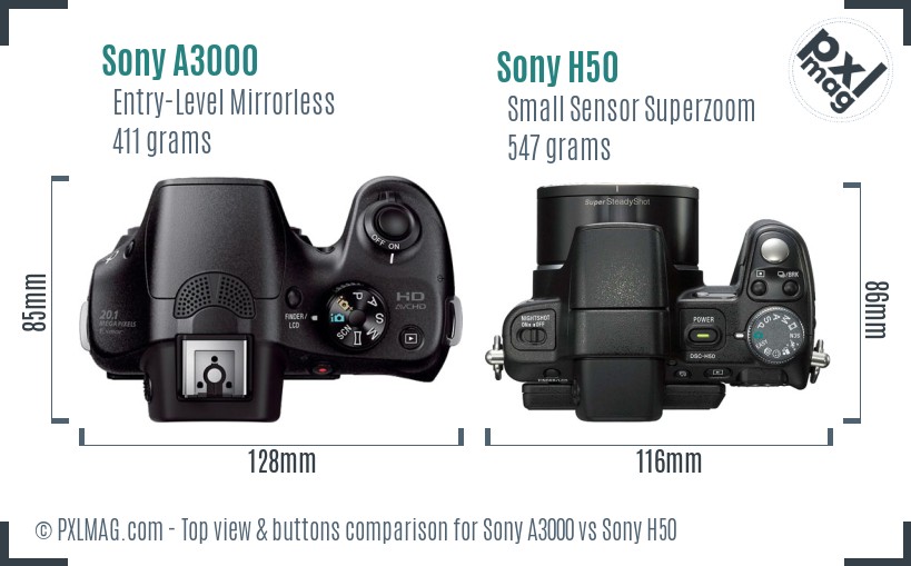 Sony A3000 vs Sony H50 top view buttons comparison