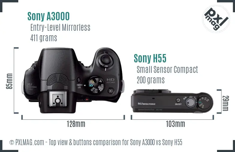 Sony A3000 vs Sony H55 top view buttons comparison