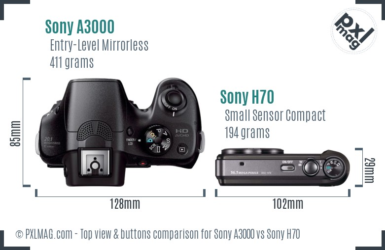 Sony A3000 vs Sony H70 top view buttons comparison