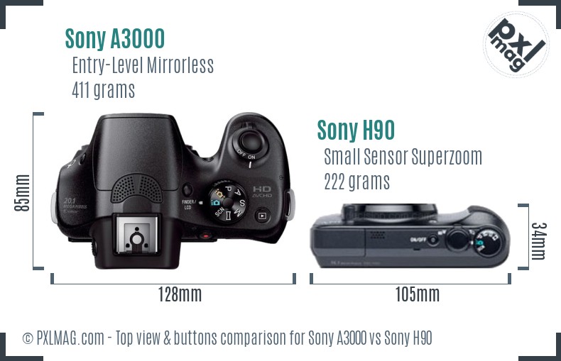 Sony A3000 vs Sony H90 top view buttons comparison