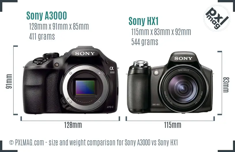 Sony A3000 vs Sony HX1 size comparison