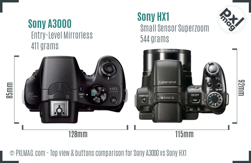 Sony A3000 vs Sony HX1 top view buttons comparison