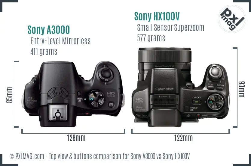 Sony A3000 vs Sony HX100V top view buttons comparison