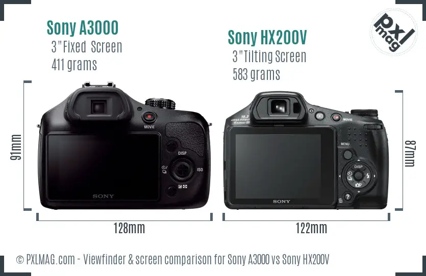 Sony A3000 vs Sony HX200V Screen and Viewfinder comparison