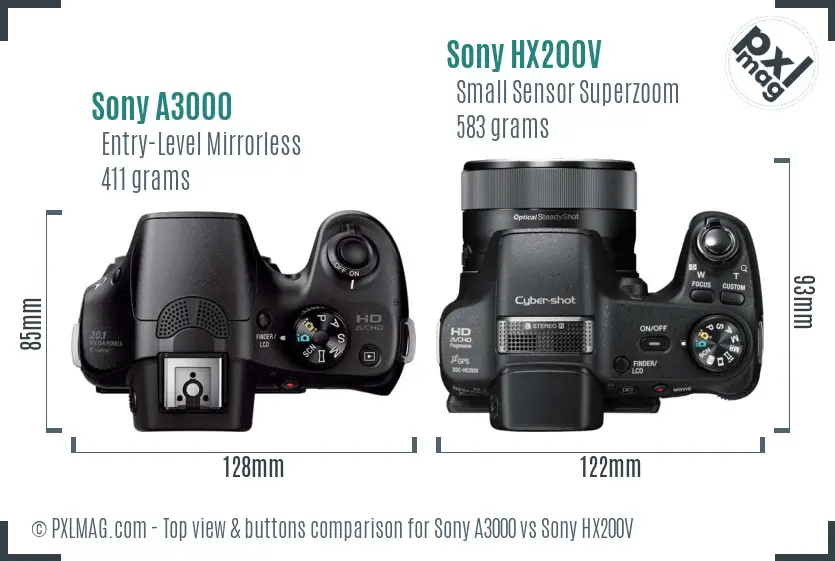 Sony A3000 vs Sony HX200V top view buttons comparison