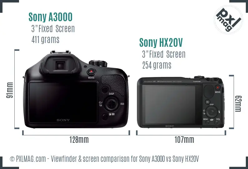 Sony A3000 vs Sony HX20V Screen and Viewfinder comparison