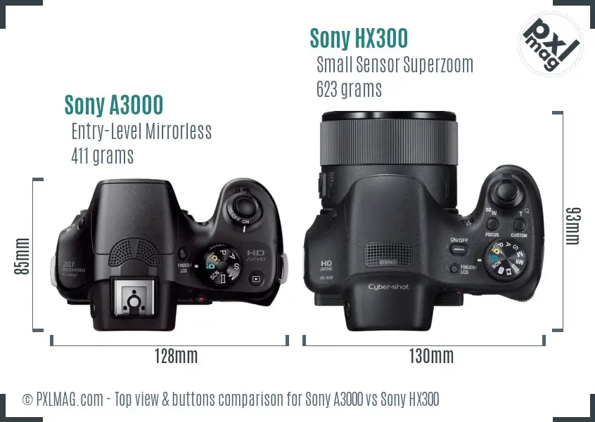 Sony A3000 vs Sony HX300 top view buttons comparison