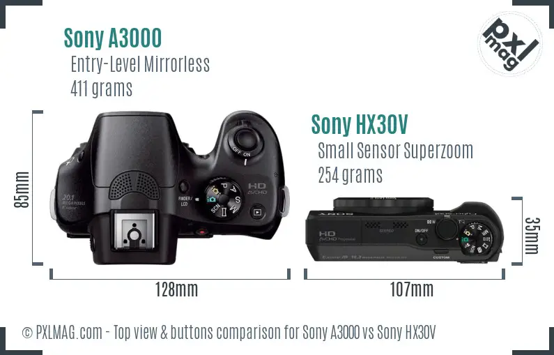 Sony A3000 vs Sony HX30V top view buttons comparison Sony A3000 vs Sony HX30V top view buttons comparison