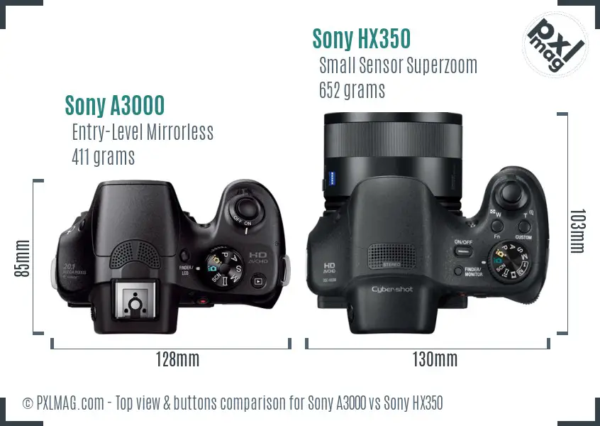 Sony A3000 vs Sony HX350 top view buttons comparison