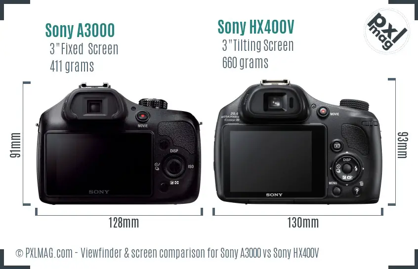 Sony A3000 vs Sony HX400V Screen and Viewfinder comparison