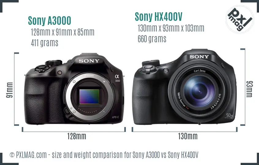 Sony A3000 vs Sony HX400V size comparison